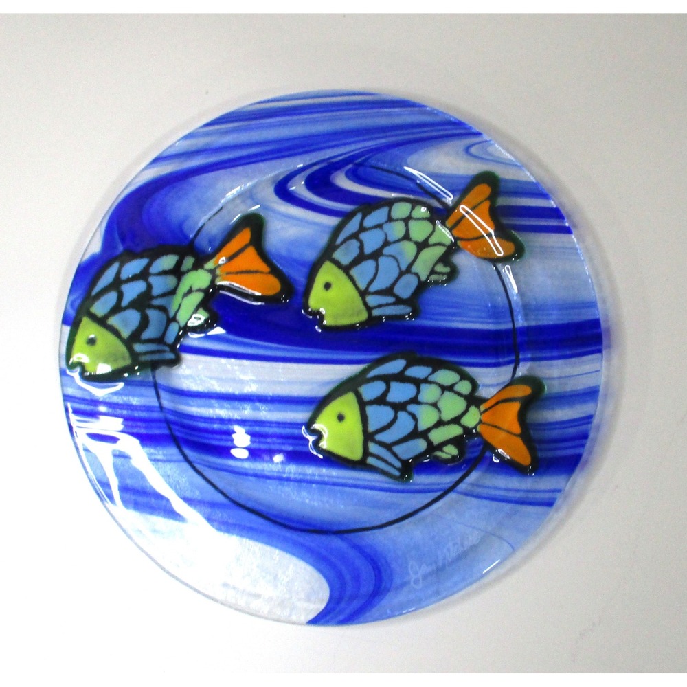 Handmade Signed Studio Art Fused Glass Fish Plate Blue Swirl Coastal 7.5in
